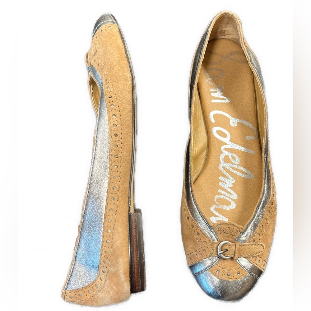 Sam Edelman Ballet Flats Sz 7 Silver Leather & Tan Suede Upper